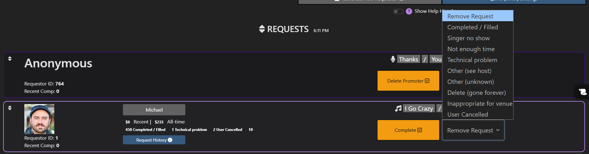 DJ Request App remove request options
