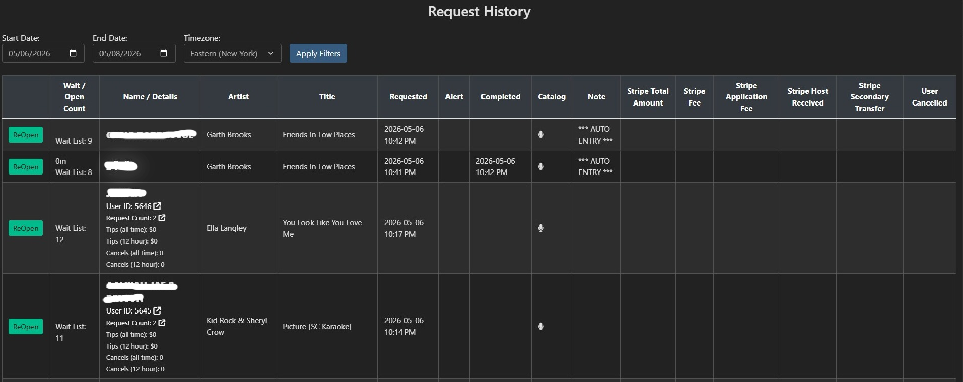DJ Request App Request History