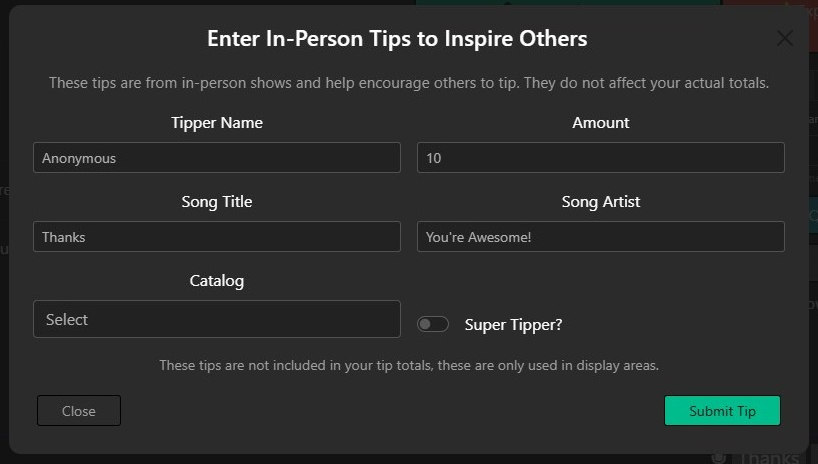 Song Request App with tipping - tip entry